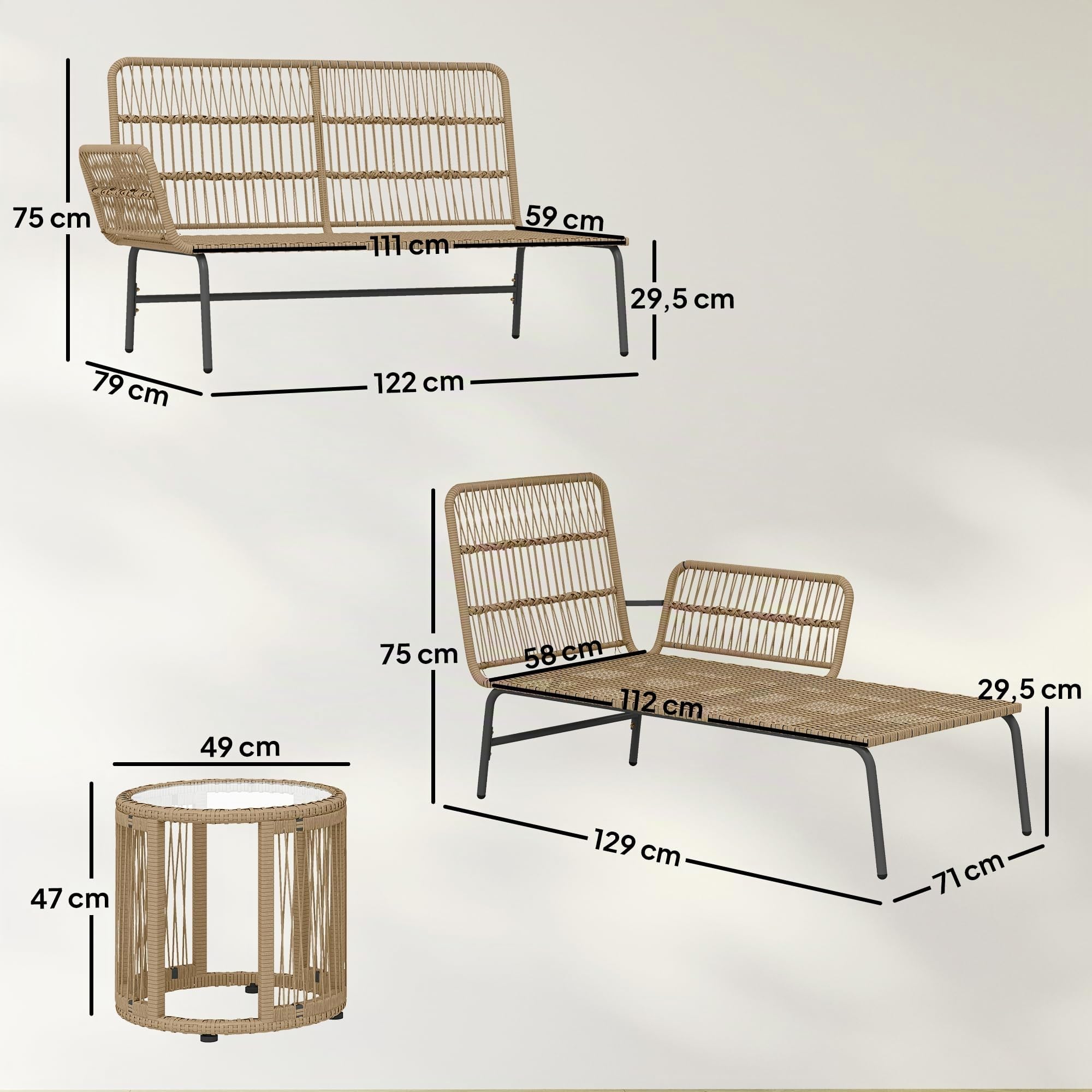 Outsunny Conjunto Jardín Exterior de Ratán con Cojines Conjunto Terraza Resistente a la Intemperie Muebles Jardín Exterior con Sofá de 2 Plazas Chaise Longue y Mesa de Tablero de Vidrio Templado Crema