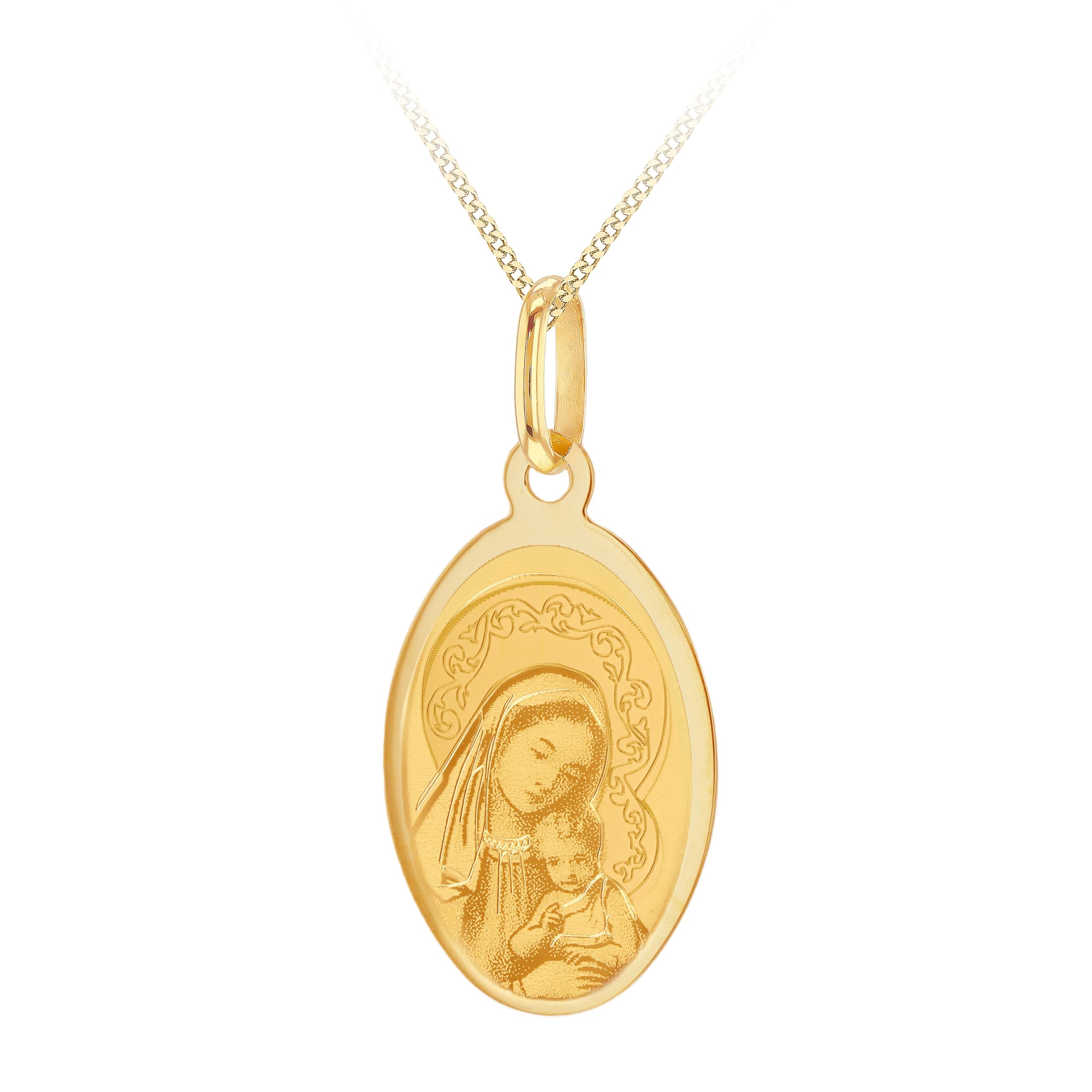CARISSIMA Złoty damski 9-karatowe żółte złoto 11,8 mm x 24,5 mm owalny wisiorek Maryja i dziecko na łańcuszku pancerka z 9-karatowego żółtego złota 46 cm/18