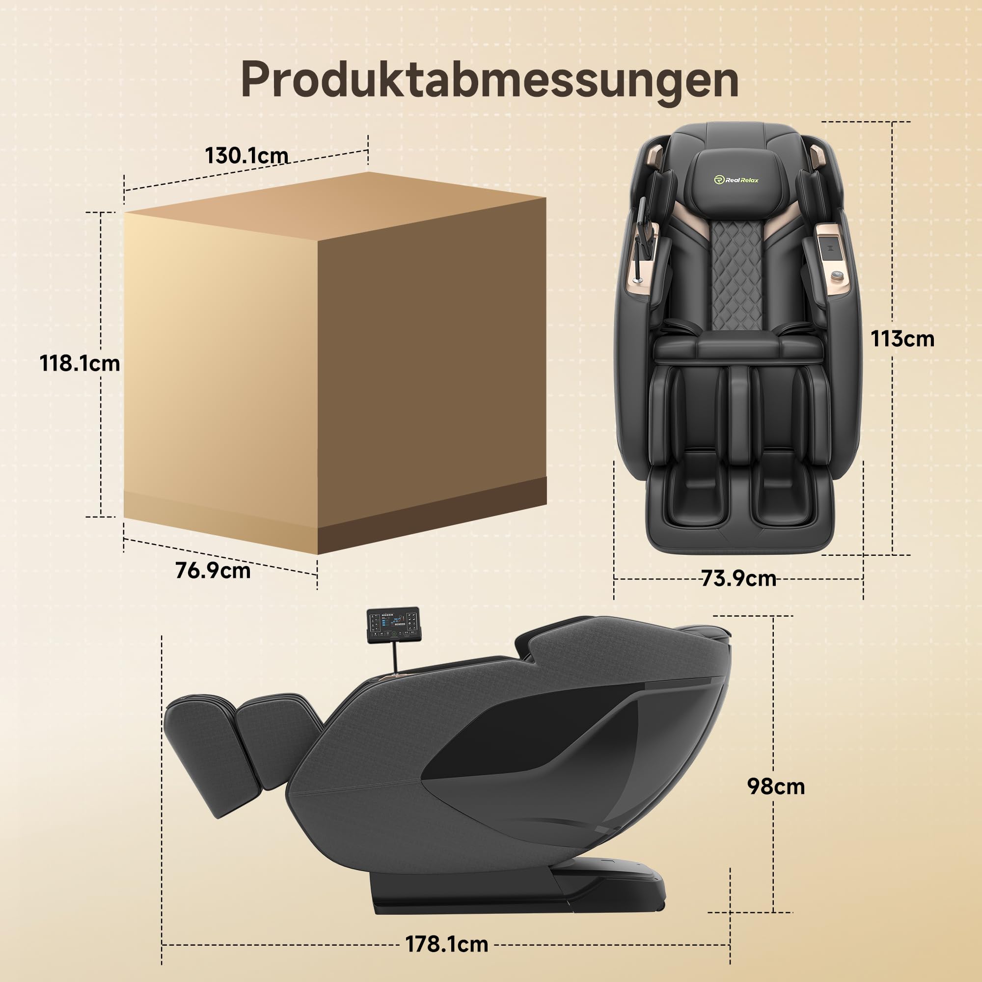 Real Relax 4D-Massagesessel,Ganzkörper-Shiatsu-Massage-Stuhl,Massageliege mit SL-Track,Yoga-Stretching,UI-Touchscreen,Fußrollen,Heizung,PS5200,Schwarz