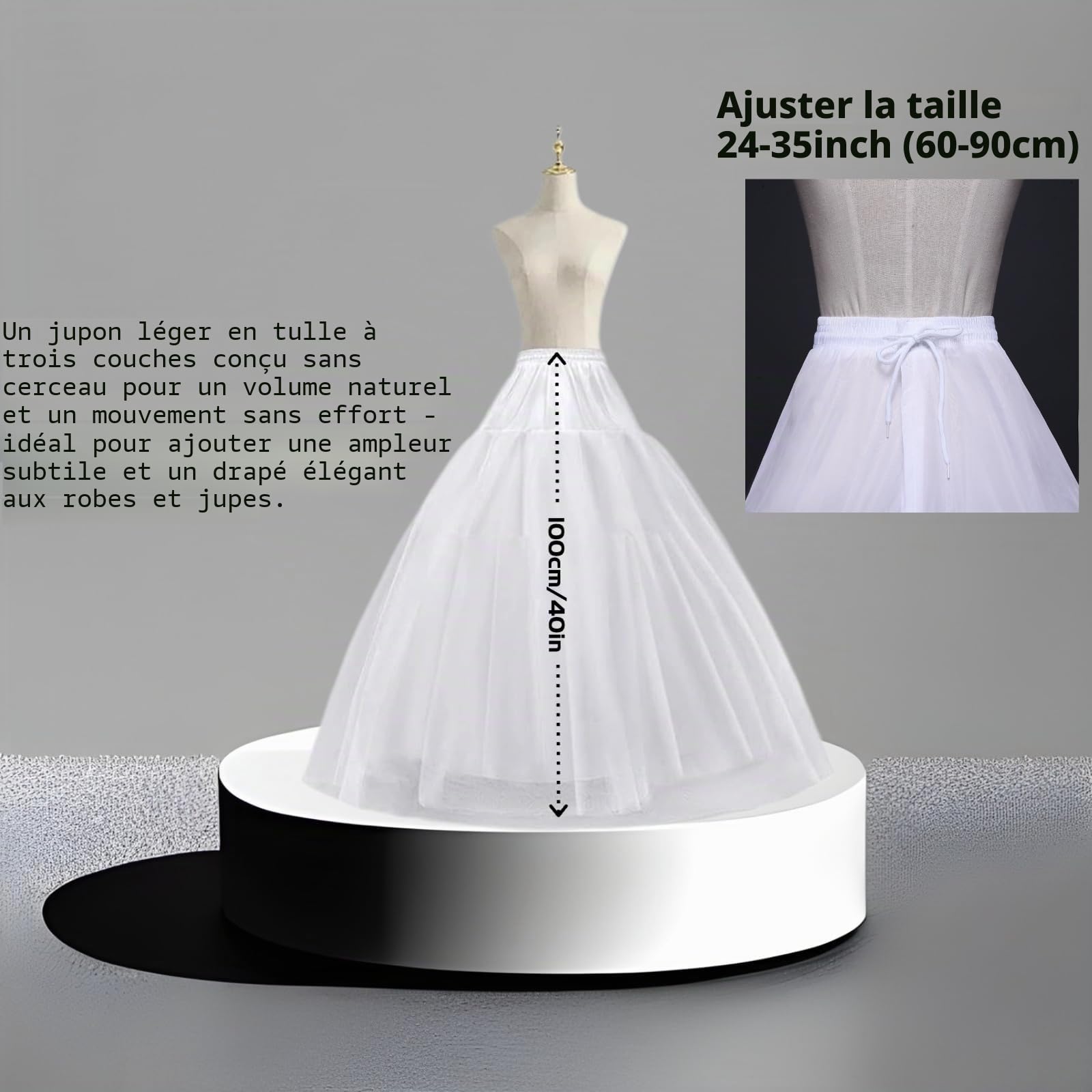 Jupon Crinoline Long de Femme, 3 Couches Cerceaux, Jupon pour Robe Mariée de Mariage, Mi-Longue Crinoline Demi-Slips, 3 Hoops pour Demoiselle d'honneur Mariage, Blanc, Élégance et Confort