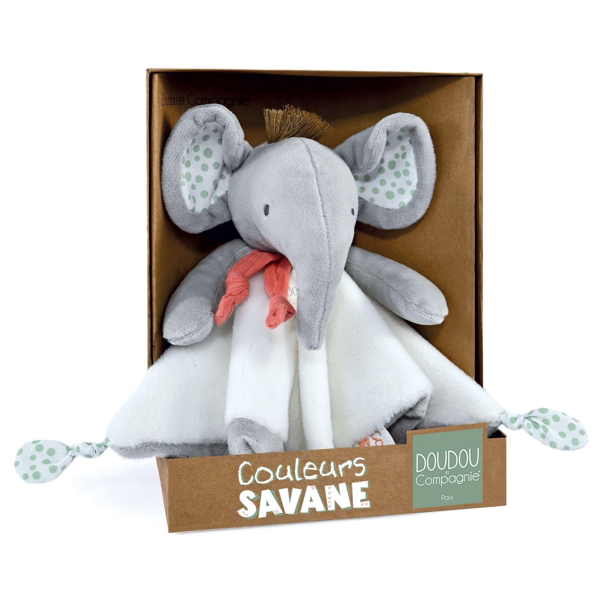 Doudou et Compagnie - Doudou Plat Peluche Elephant - 25cm - Gris - Collection Couleurs Savane - Très Doux pour Bébé - Garantie Doudou Perdu - Cadeau pour Naissance Bébé Garçon Ou Fille - DC4078 - 3