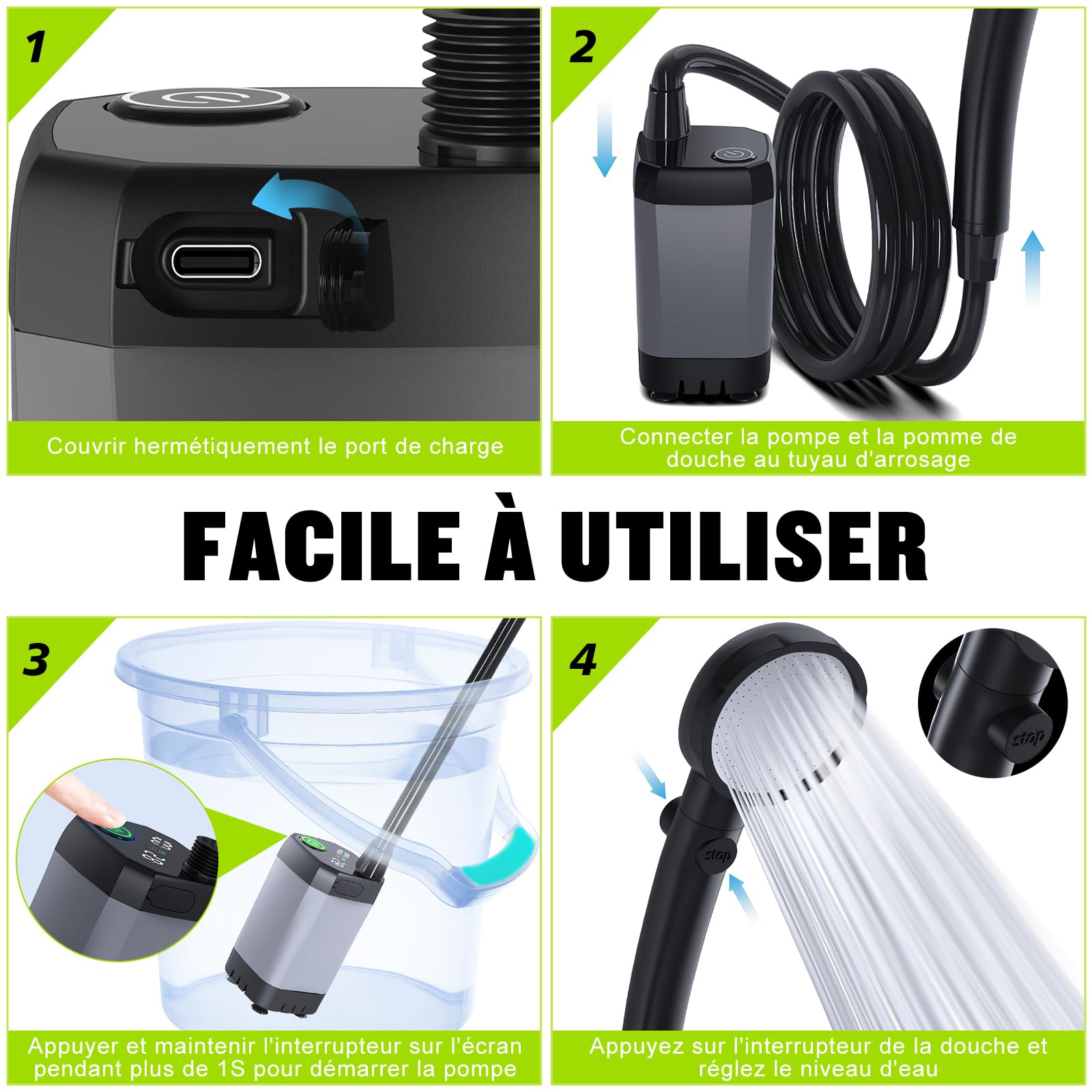 Spopal Kit Douche de Camping, Douche Portable,Pompe de Douche Électrique Rechargeable,Imperméable, avec Afficheur Intelligent et Pomme de Douche 4 Modes pour Extérieure,Camping,Randonnée