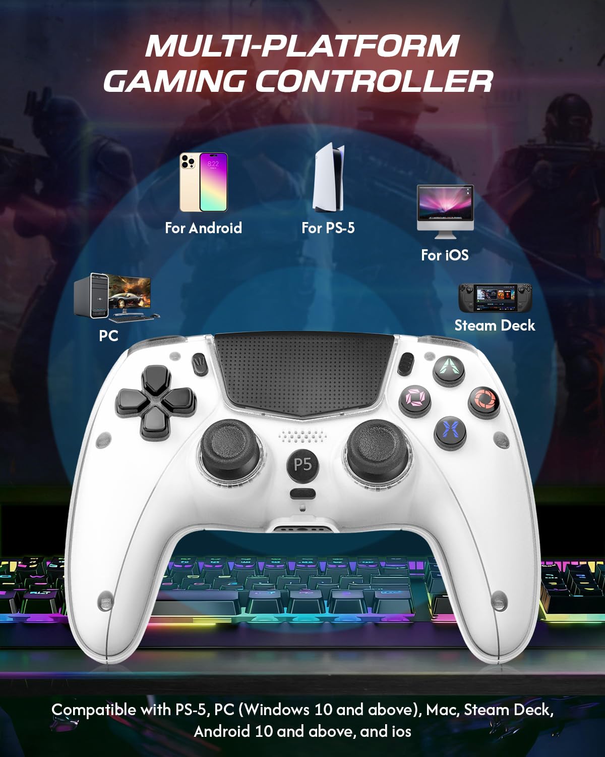 MTEZIZ Mando Inalámbrico para PS-5/PC/MAC/iOS/Android/Steam Deck, Gamepad con Doble Vibración/Conector para Auriculares