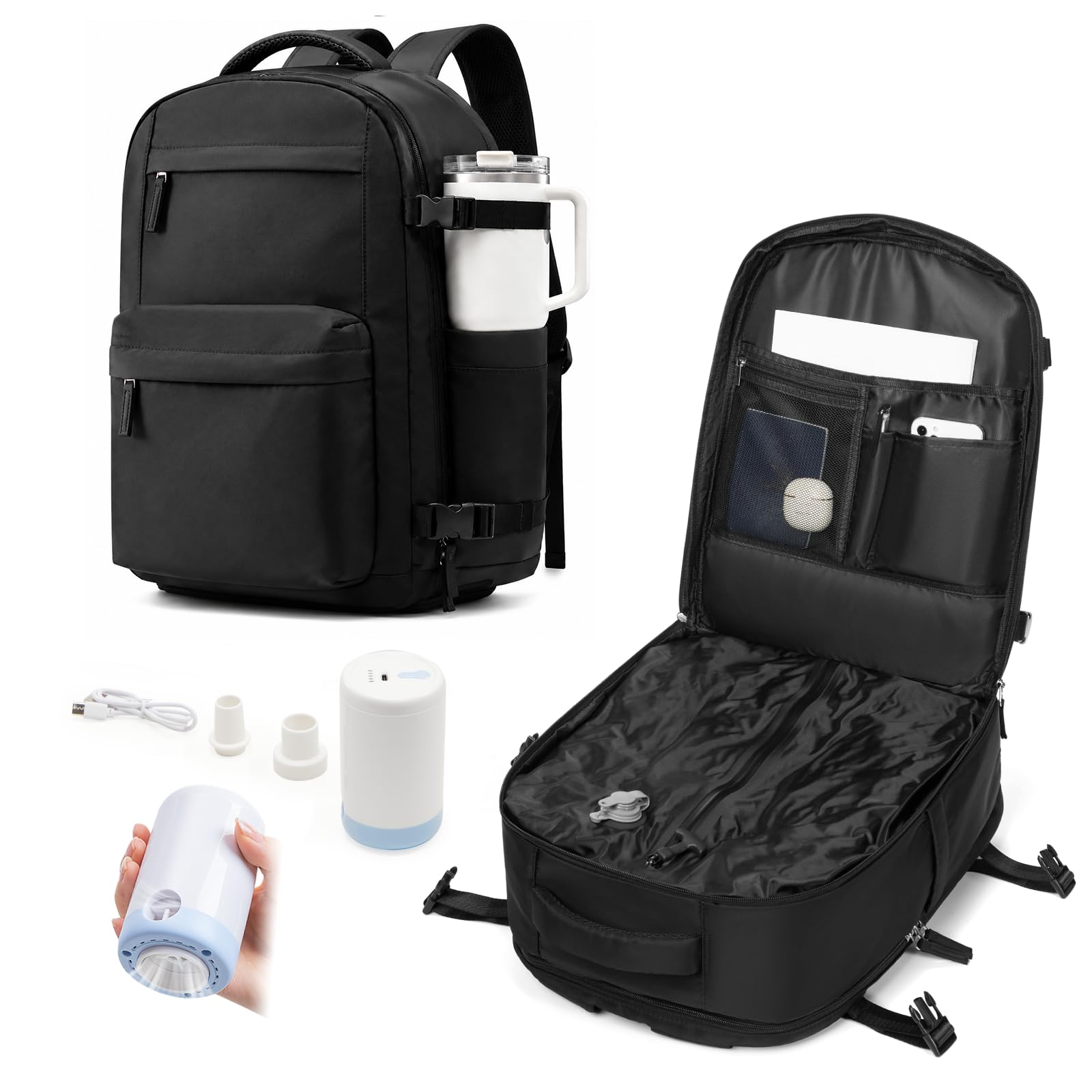 Sac a Dos Voyage Cabine Avion Sous Vide 40x30x20, Sac de Compression Bagage Cabine avec Airbag, Bagage à Main Imperméable -Noir