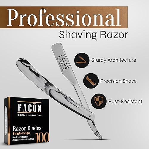 Miniatura 106 de Facón - Maquinilla de afeitar recta para hombre, kit profesional de afeitar de borde recto con 100 cuchillas, afeitadora barbero japonesa de acero