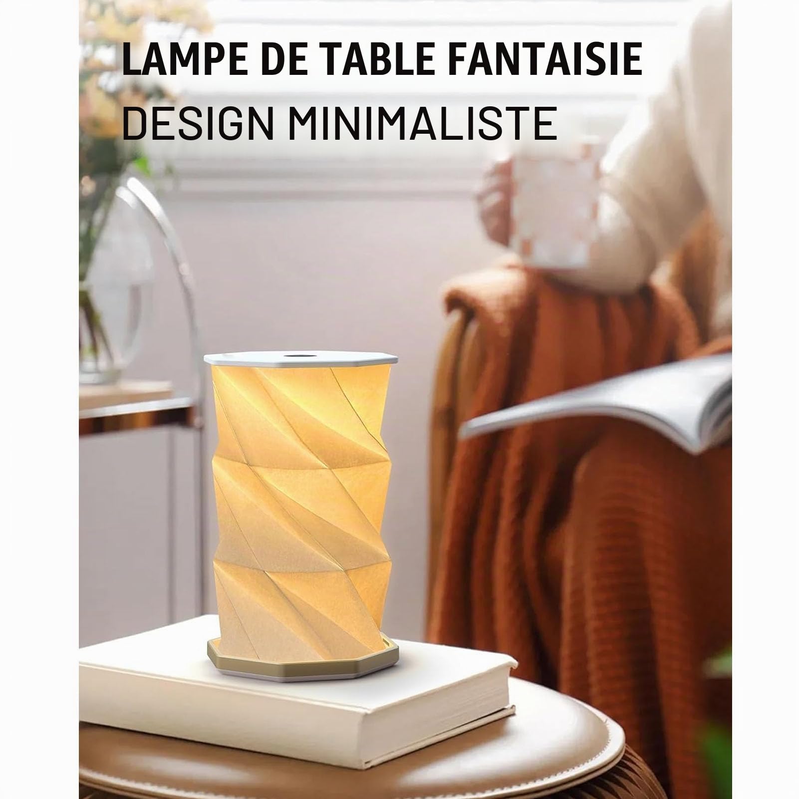 Fabater Lampe en Papier Pliable Rotative, Lampe de Voyage Lumière Chaude, Lampe de Table de Chevet pour Chambre à Coucher, Lampe de Table Portable Rechargeable à intensité Variable