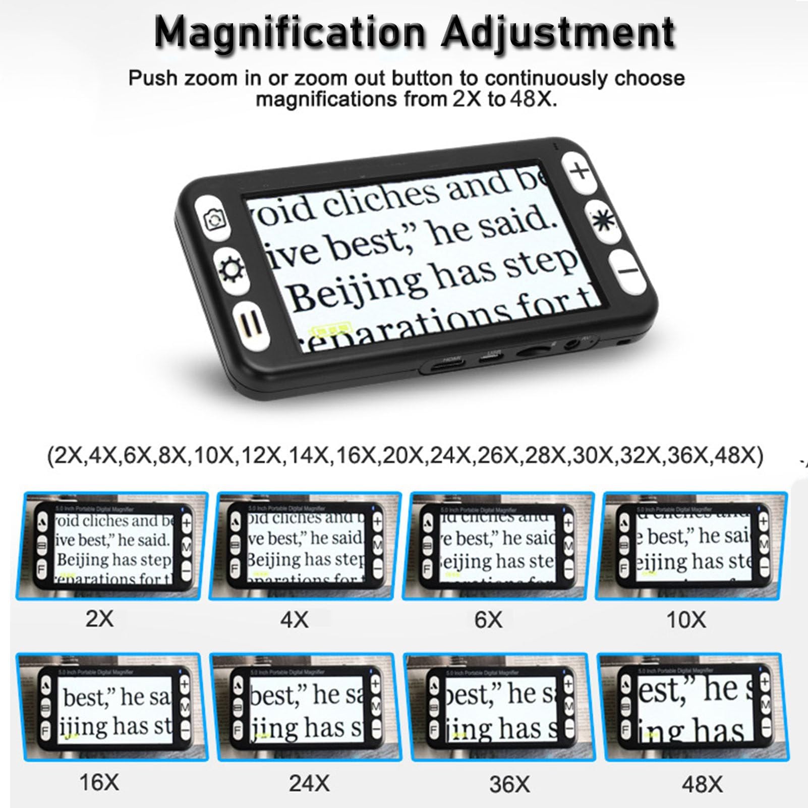 Loupe vidéo numérique portable, aide à la lecture électronique de 5 pouces, sortie AV vers TV avec grossissement de 2x à 48x, 26 modes de couleur, pour les personnes âgées et les malvoyants (noir).
