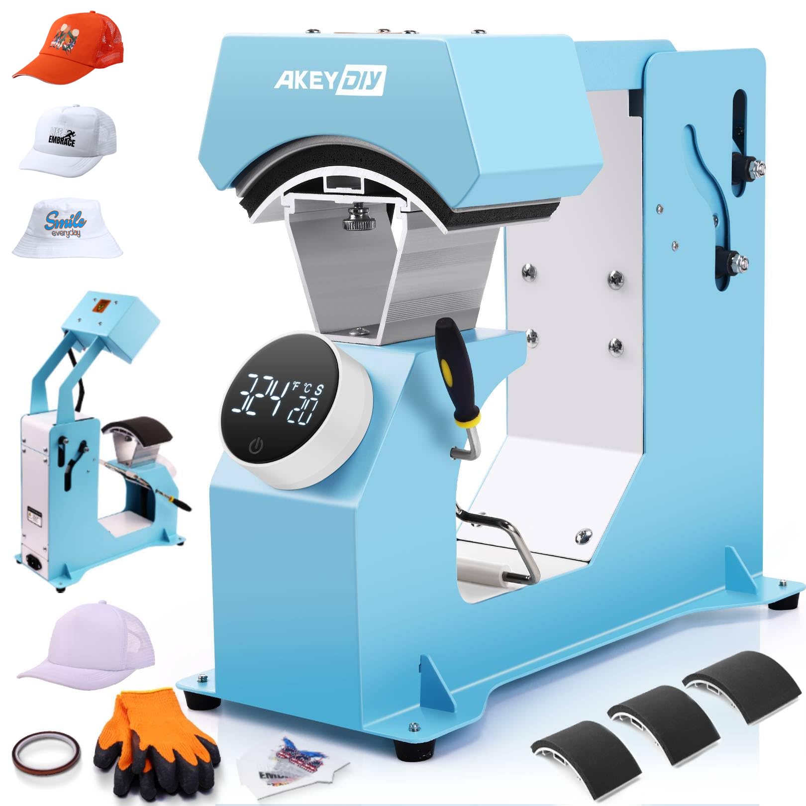 Máquina de prensado térmico automático para gorras AKEYDIY con 3 platinas intercambiables, prensa automática para gorras 3 en 1 con controlador digital tipo perilla, apertura automática, impresión por transferencia térmica para gorras.