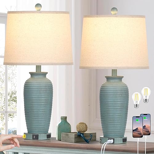 Juego de 2 lámparas de mesa con tarro de granja de 25 pulgadas, control táctil de 3 vías, lámparas de noche rústicas con puertos USB A+C y salida de