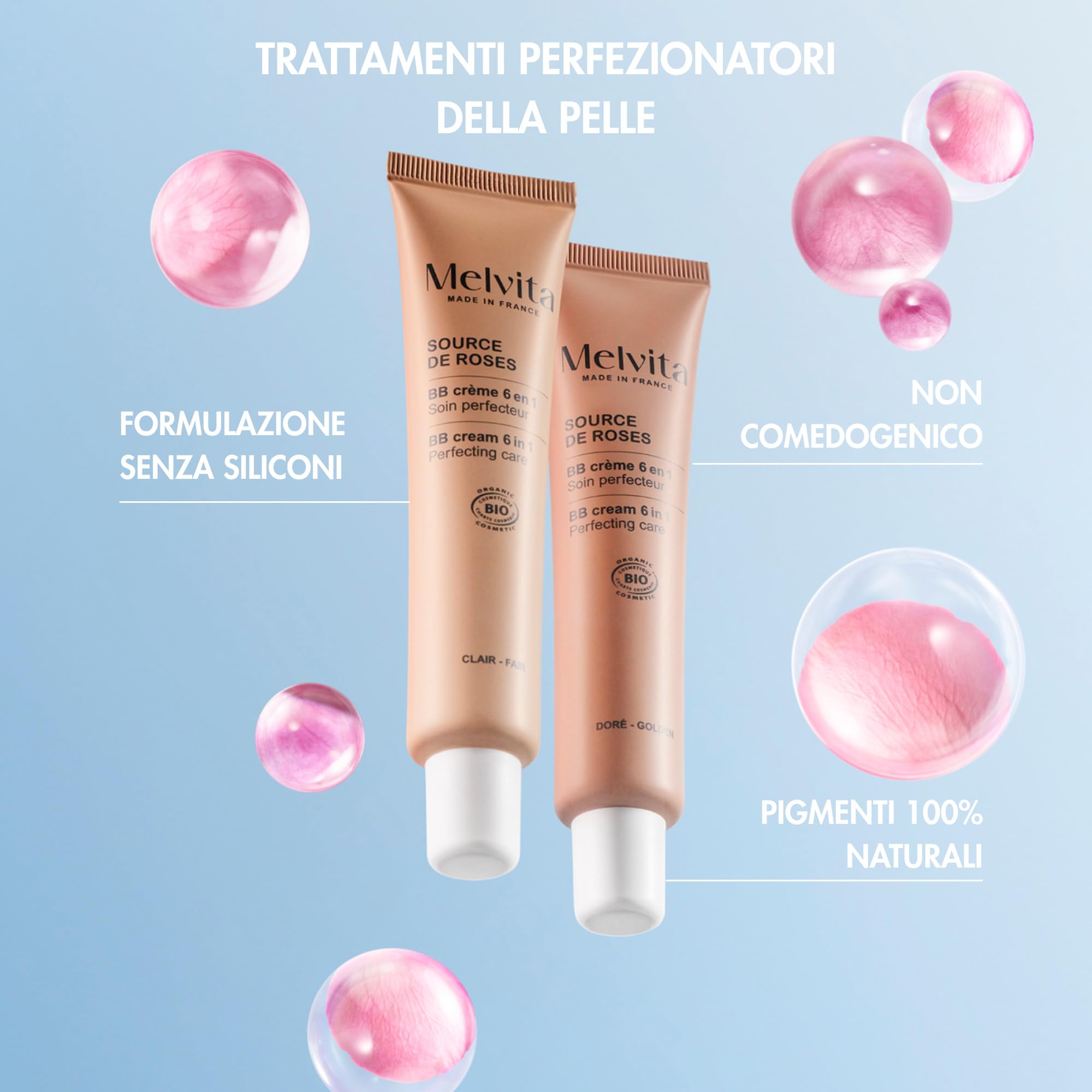 Melvita - BB Crema Idratante e Protettiva - Source de Roses - Finitura Naturale e Luminosa - Texture Leggera, Nasconde le Imperfezioni - Formato 40 ml