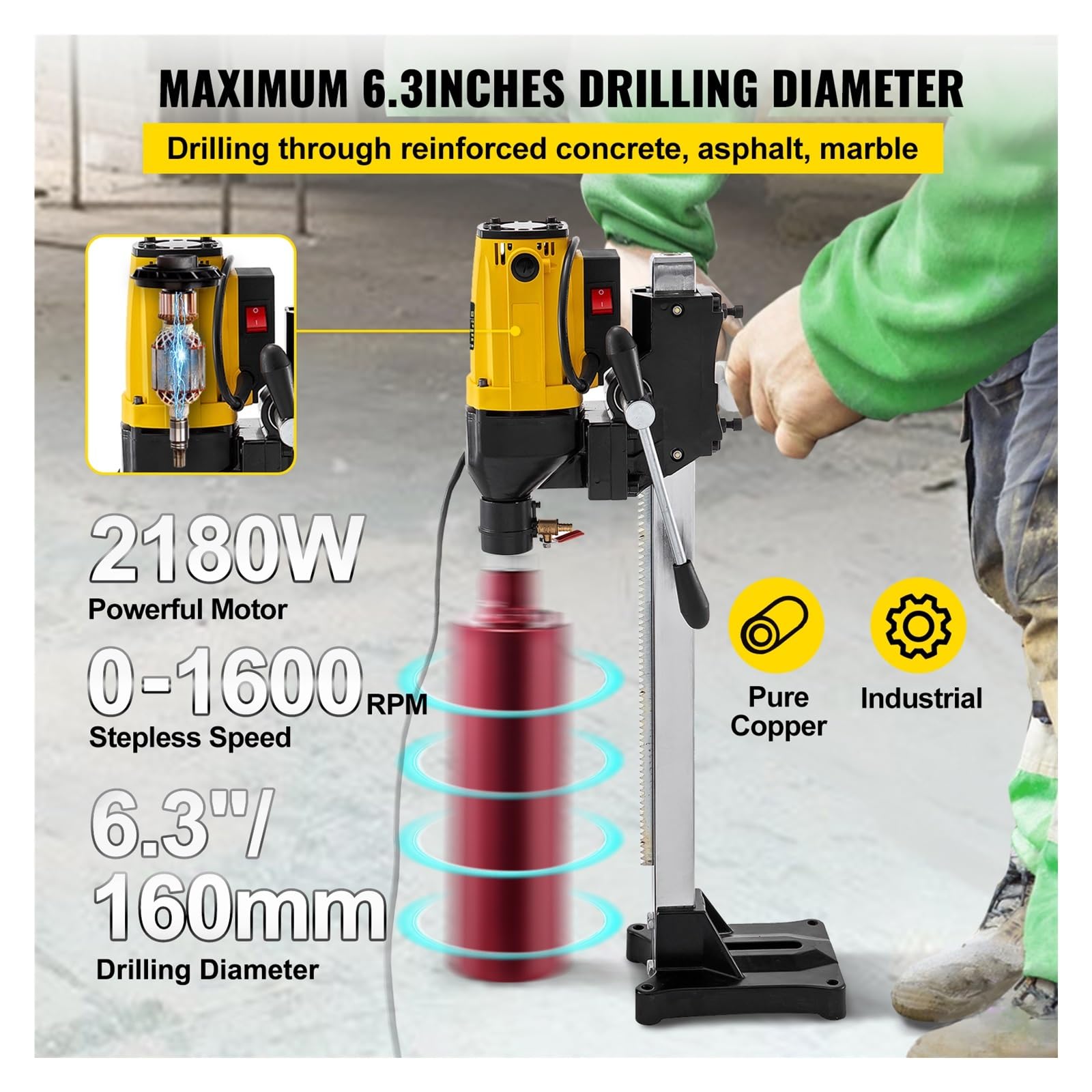 2180W diamentowa wiertnica rdzeniowa 160mm 180mm wiertła ręczna/stojak przemysłowa mokra elektryczna wiertarka rdzeniowa do betonu(160mm)