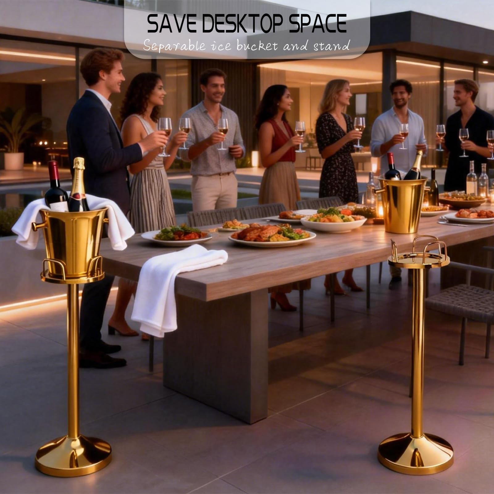 Secchiello per Il Ghiaccio con Supporto,Secchiello Refrigerante Bottiglie, Secchiello Vino Champagne Incluso Supporto per spumante, vino e champagne 5 L Gold Stand 60cm tall