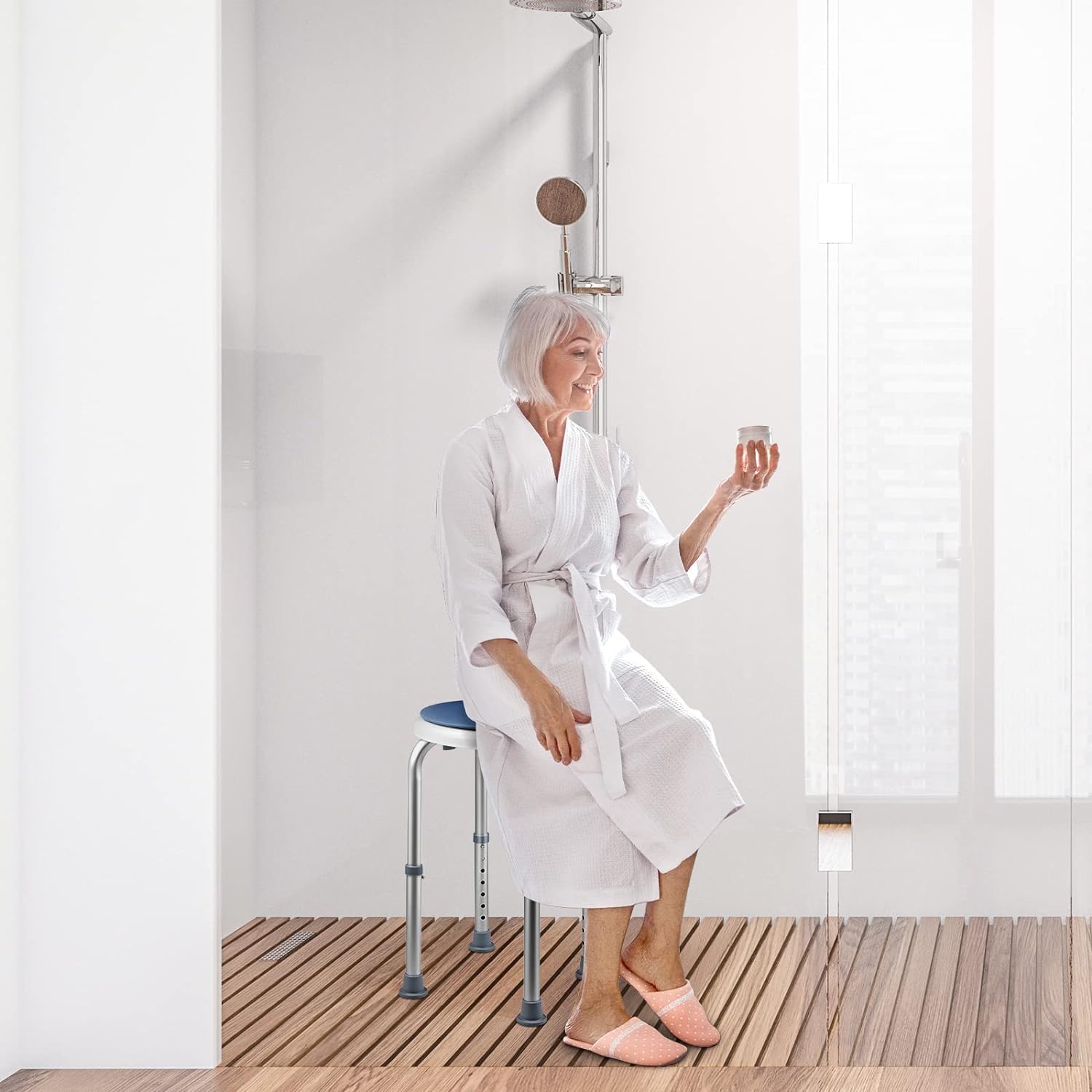 Taburete de ducha, giratorio 360°, taburete de baño con pies de goma antideslizantes, estable, 7 alturas ajustables (36 – 52 cm), para personas mayores, discapacitados, embarazadas