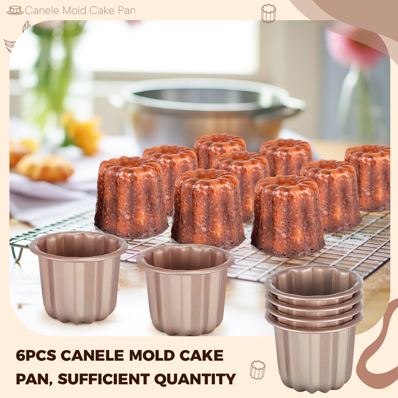 Blushtier 6 moldes de canele antiadherentes de 2.9 pulgadas, moldes para magdalenas, moldes de acero al carbono, moldes de pastelería, mini soportes para magdalenas, moldes para tartas, moldes para