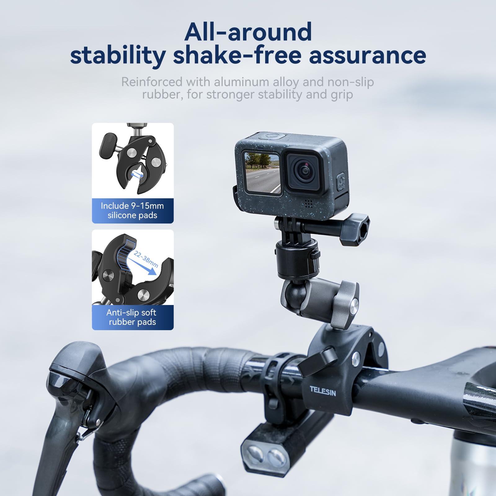 TELESIN° S2 Quick Release Clamp Bike Mount Motorcycle Handlebar Holder, Roll Bar Tube Clip Mounting Accessories for GoPro13 12 11 Go Pro Max Insta360 X3 X4 X5 Ace Pro 2 DJI Action 6 5 4 Pocket 3/4 2