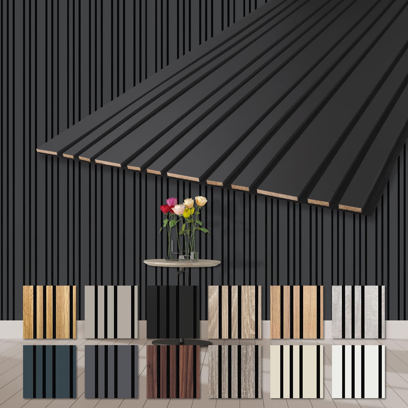 HEXIM Akustikpaneele 6 Stück 278x60cm Holz Mila - flexible Holzpaneele Platten Wandpaneele Wanddeko Kombipaneel Wandverkleidung Schalldämmung Akustikfilz anthrazit (10.02m² Black Lead)