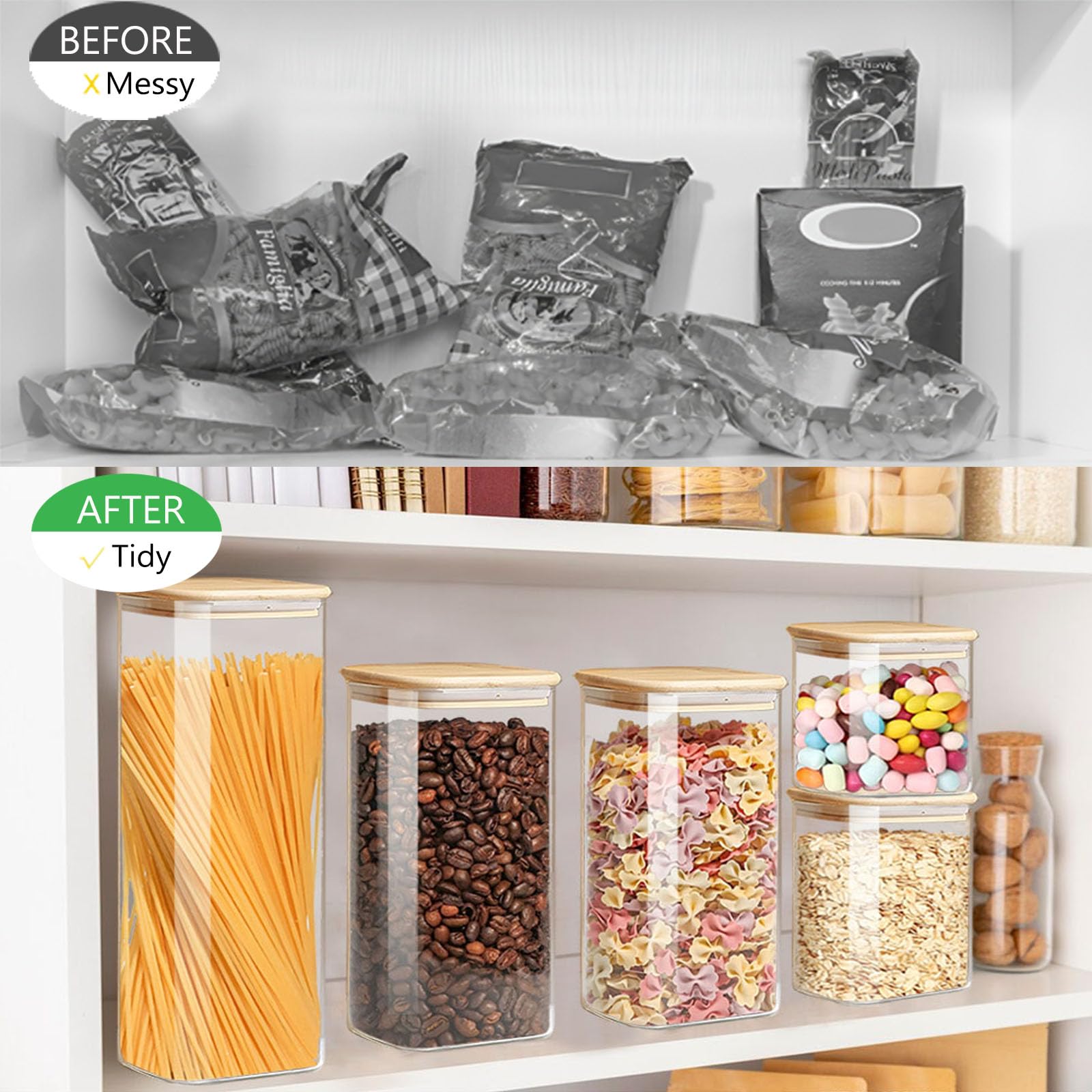 VIEWELLD Frischhaltedosen mit luftdichten Bambusdeckeln 5er Set, Glasdosen mit luftdichten Deckeln, Glas Frischhaltedosen für Nudeln, Hafer, Kaffee, Mehl, Zucker, am besten für Küche, quadratisch