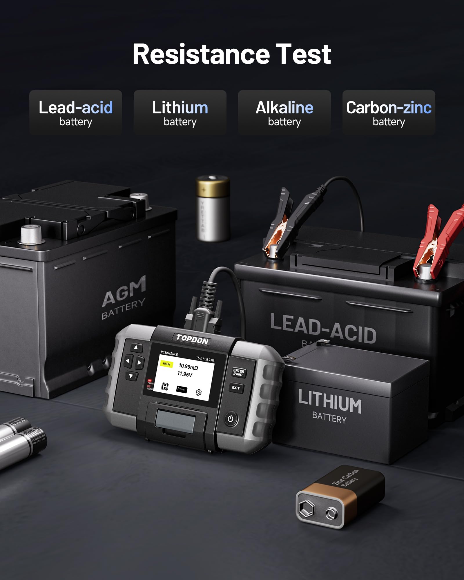 TOPDON Testeur Batterie Voiture BT600 Plus, Tests de Batterie 6V/12V/24V, 100-2000 CCA, Test de Démarrage/Charge/Système 12V/24V, Testeur de Batterie Auto avec Imprimante Intégrées, 2 Pinces Appariées