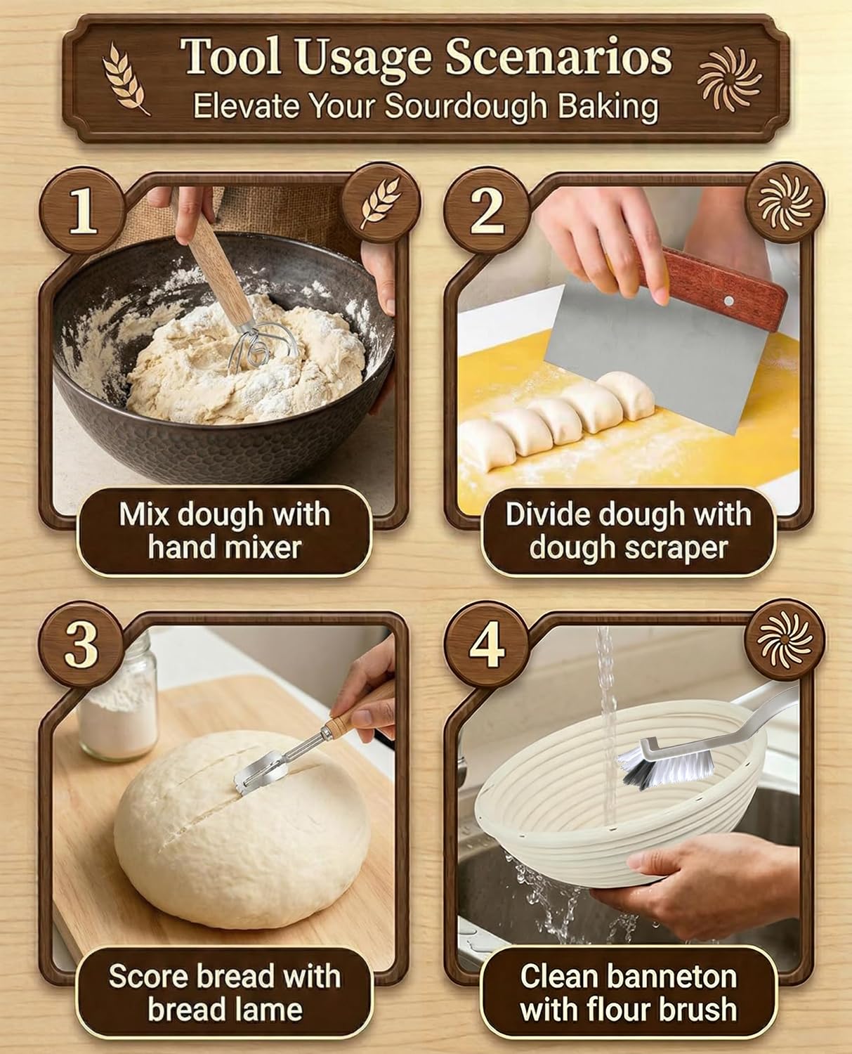 Cestini Lievitazione Pane Set, Cestino Lievitazione Pane Ovale 25cm e Rotondo 23cm con Coltello da Pane, Panni di Lievitazione, Sacchetti per il Pane, Raschietto per Impasto, Frusta