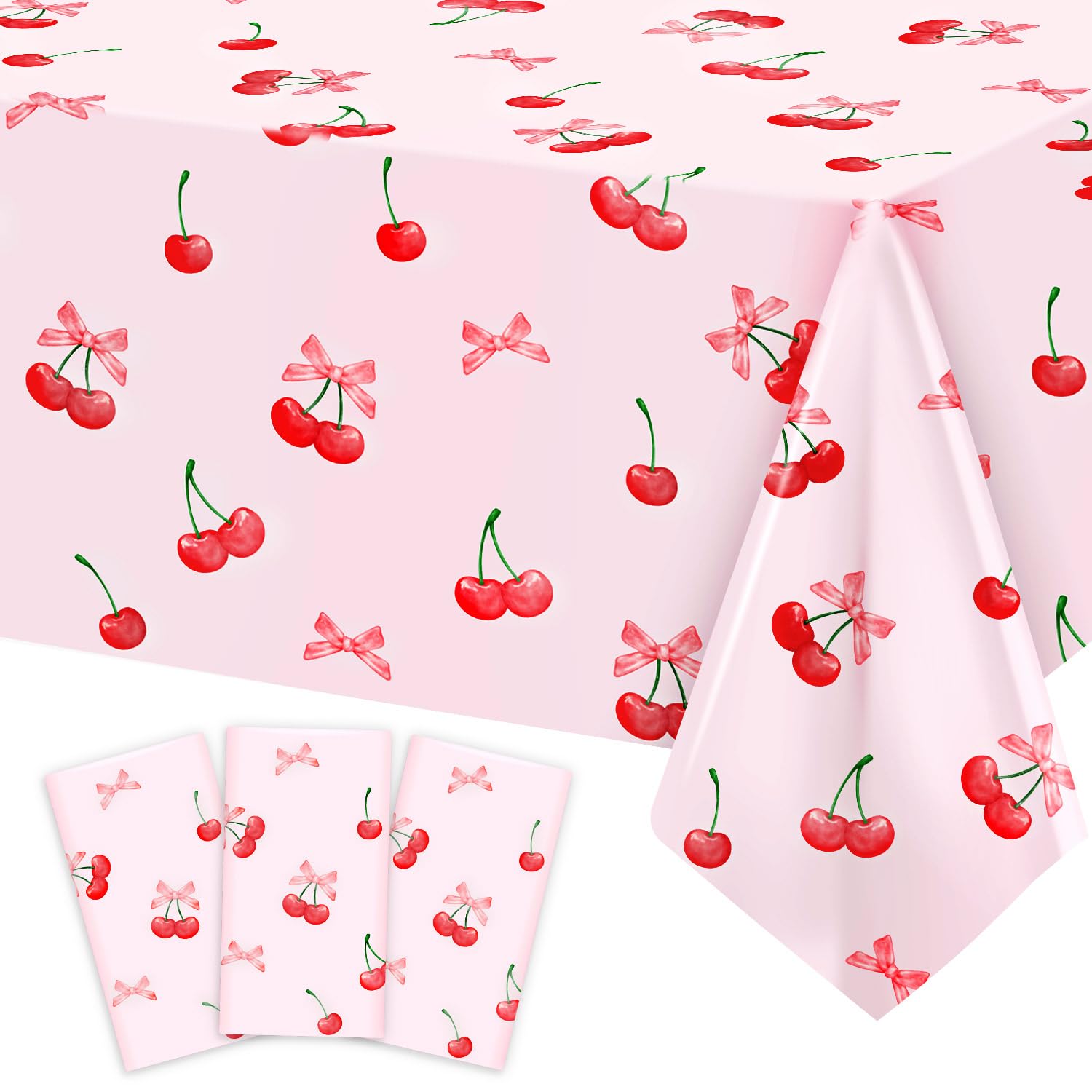 3pcs Cherry Birthday Decorations Tablecloths, Large Size Cherry and Bows Birthday Decorations Table Cloth for Cherry Themed Party, 54 x 108 Inch