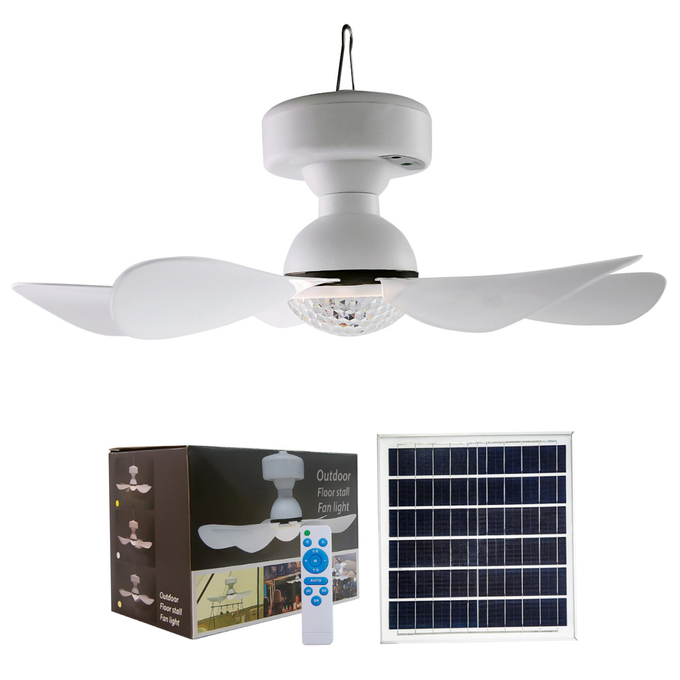 Ventilateur de plafond solaire portable 5000 mAh avec 6 pales et lumière, ventilateur de tente télécommandé 2 en 1 pour camping, randonnée, pêche, extérieur à énergie solaire