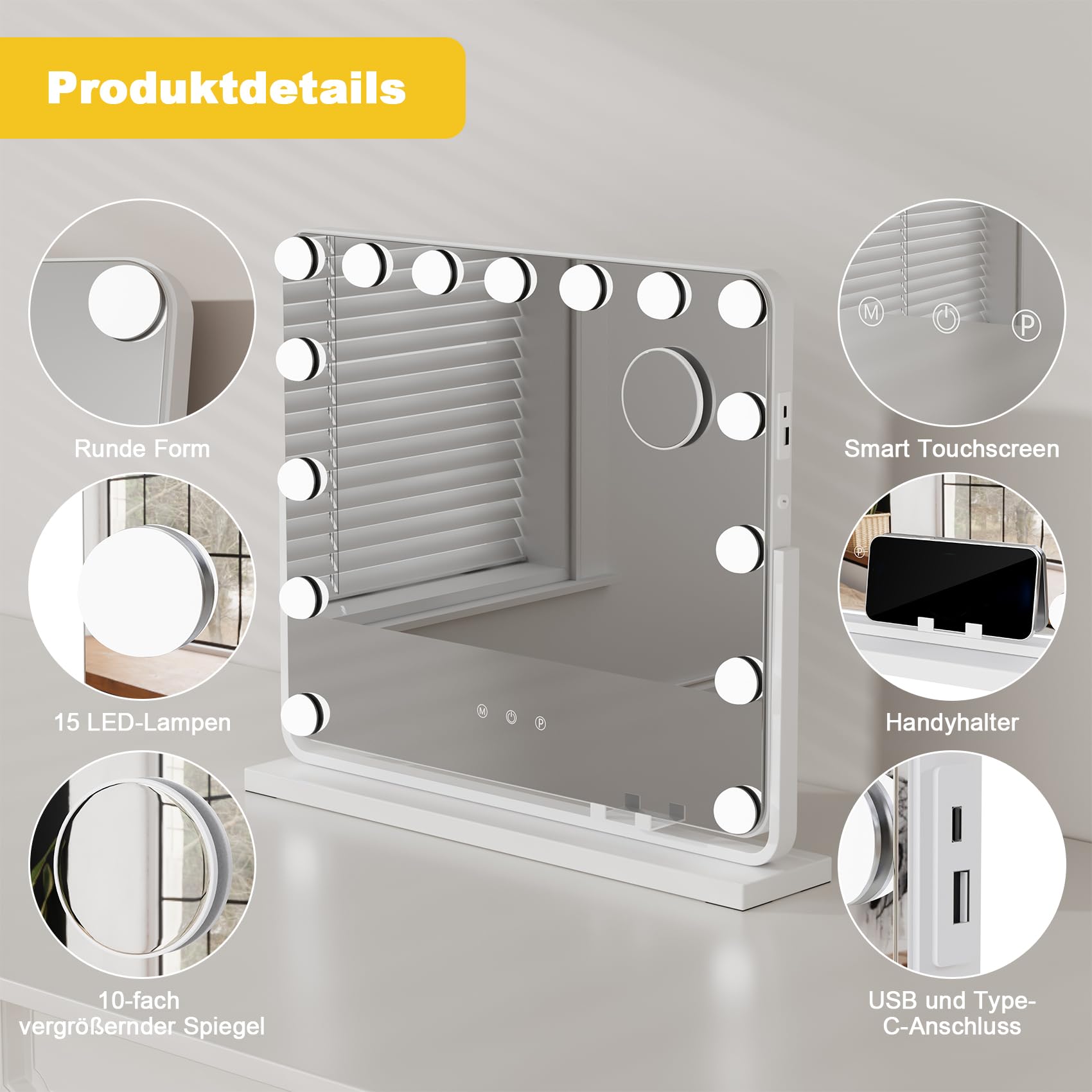 Hollywood Schminkspiegel mit Beleuchtung 60x49cm, Kosmetikspiegel mit 15 LED, 360° Drehbarer Schminktisch Spiegel mit Licht, 3 Lichtfarben, Dimmbarer, mit USB und 10x Lupe-Weiß
