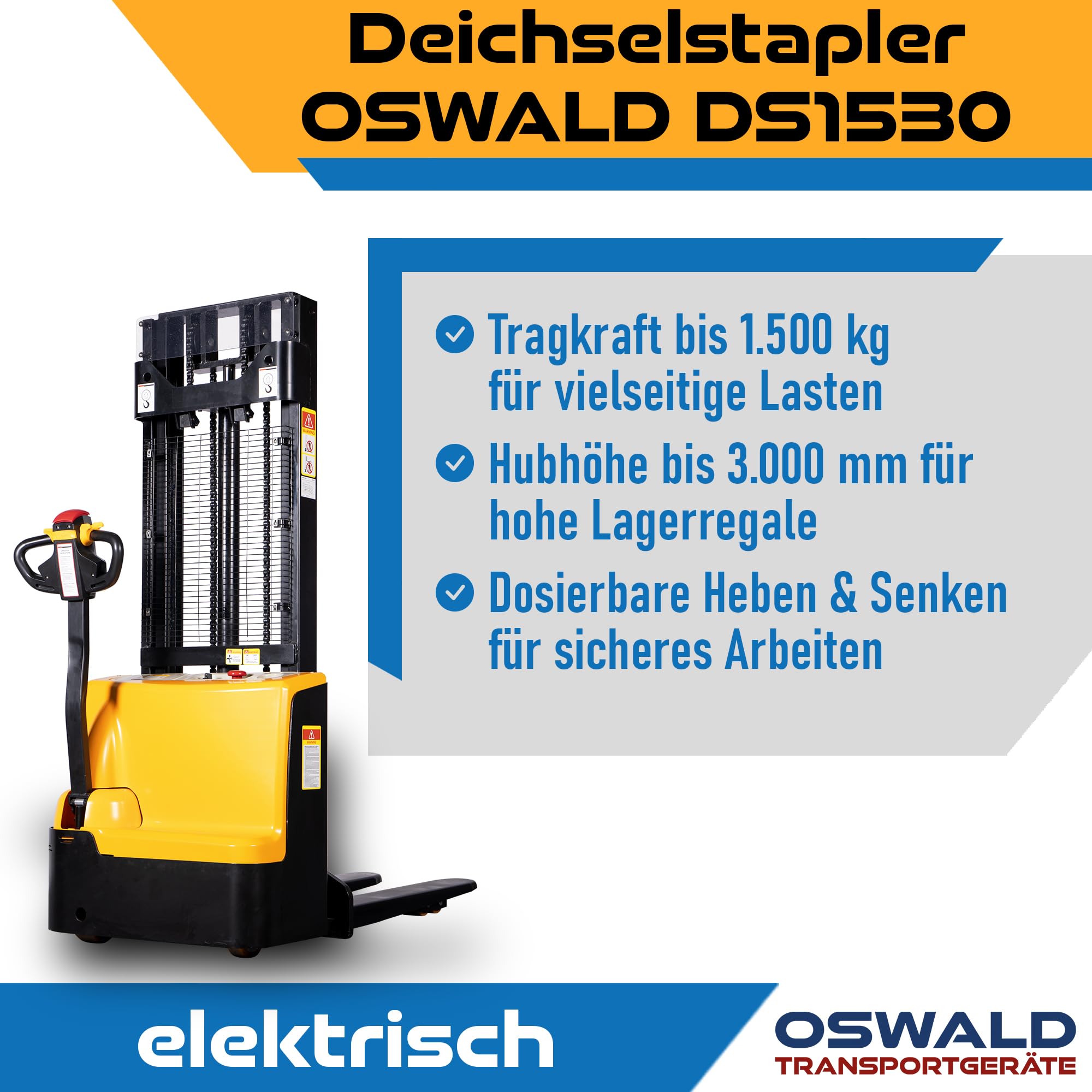 Deichselstapler DS1530 1,5 t - 3,0 m Hubhöhe - OSWALD Transportgeräte - Elektrostapler
