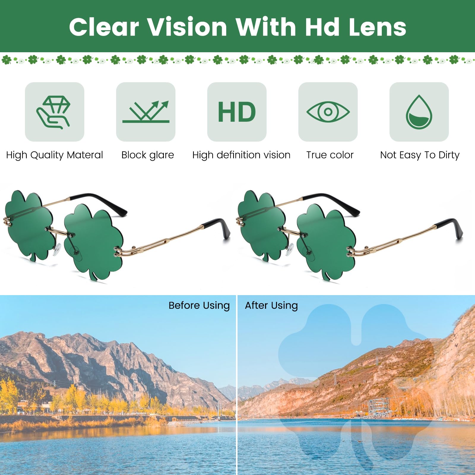 HSMHLYYB St Patricks Day Glasses, 2 works of Four Leaf Clover Glasses, Green Leprechaun Costume Glasses - Image 4