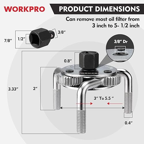 Miniatura 10 de WORKPRO Llave de filtro de aceite ajustable universal de 3 a 5 pulgadas (2.992 in a 5.118 in), herramienta magnética de extracción de filtro de
