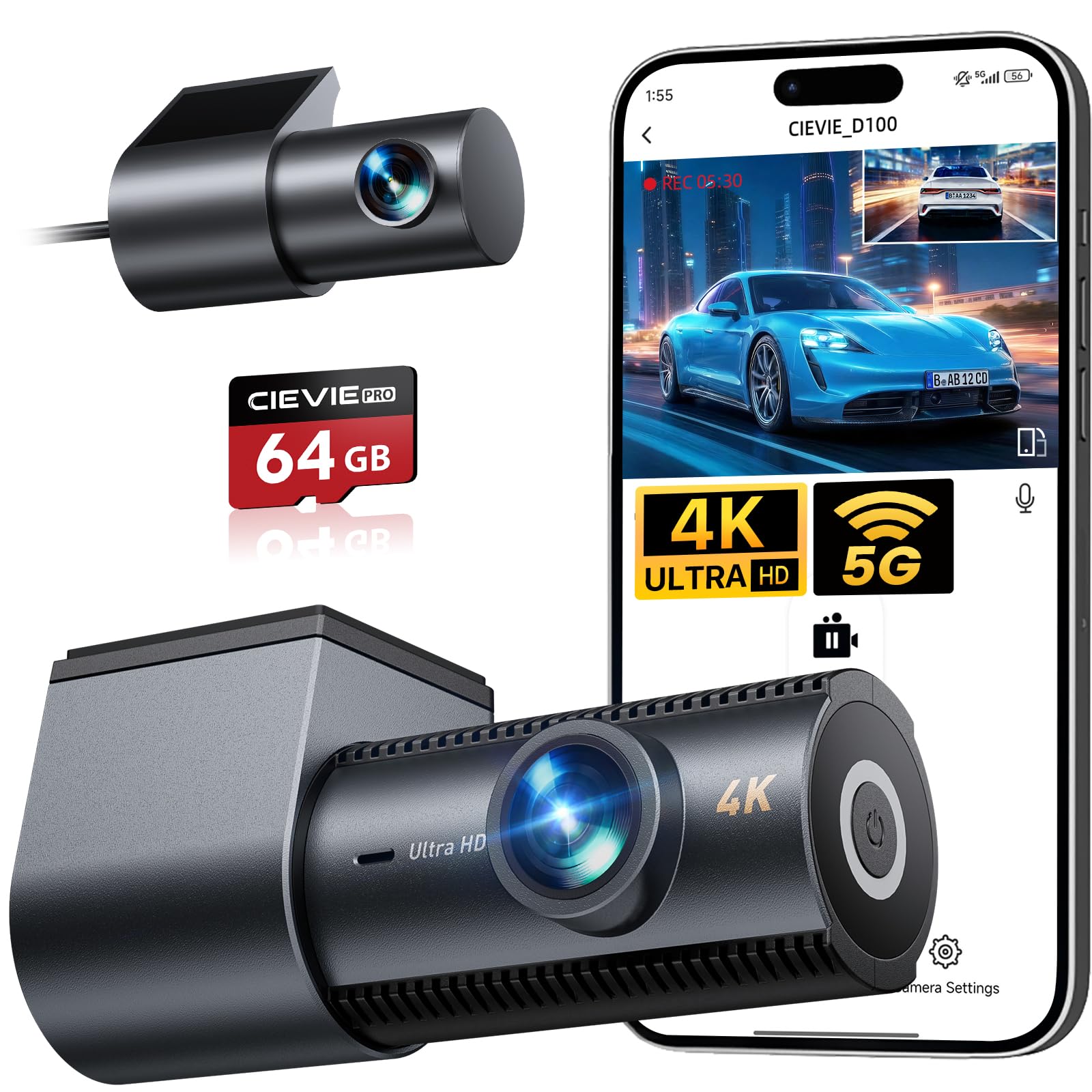 Dashcam Auto Vorne Hinten 4K+1080P 5.8GHz WLAN 170° Weitwinkel 64GB SD Karte G-Sensor 24h Parküberwachung Nachtsicht 1,5" Display