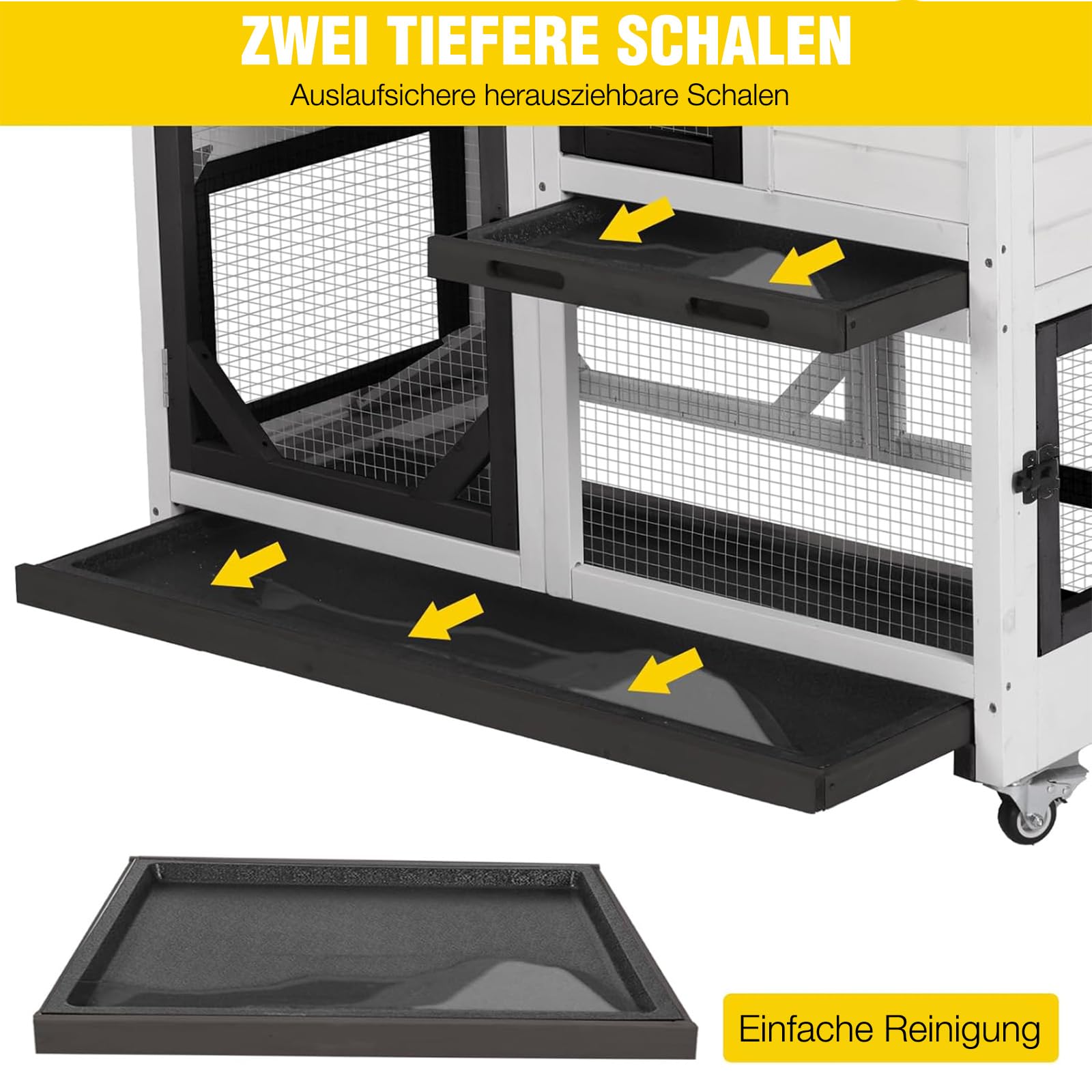 Aivituvin Hasenstall, Kaninchenstall für drinnen und draußen, auf Rädern, 2-stöckig, Holz, Meerschweinchenkäfige mit 2 tieferen herausziehbaren Tabletts (Schwarz-weiß-L)