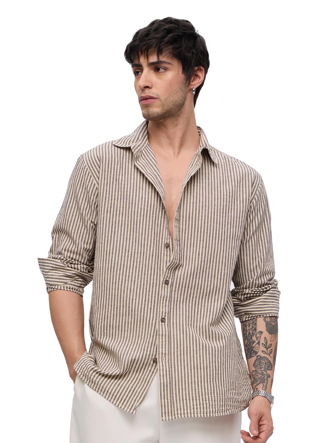 the souled store Cotton Linen Stripes: Prism Men and Boys Long Sleeve Collared Neck Button Front Regular Fit Cotton Linen Shirt-picture-19