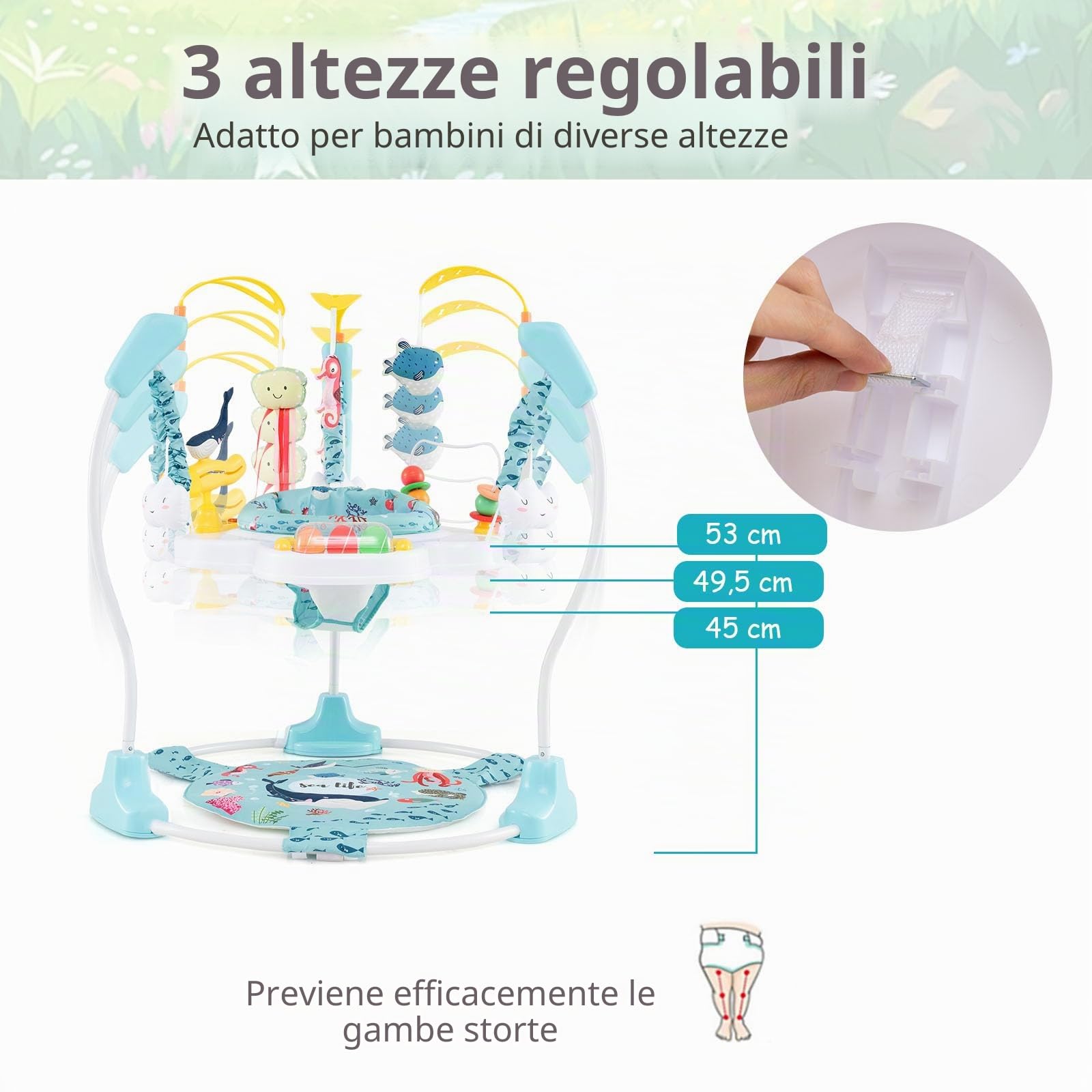 LIFEZEAL Girello per Bambini 6-18 Mesi, con Sedile Girevole a 360°, 9 Giochi Montessori, Luci e Melodie, Girello Neonato, con Altezza Regolabile, Centri di attività Fissi, Jumperoo per Bimbi (Blu)