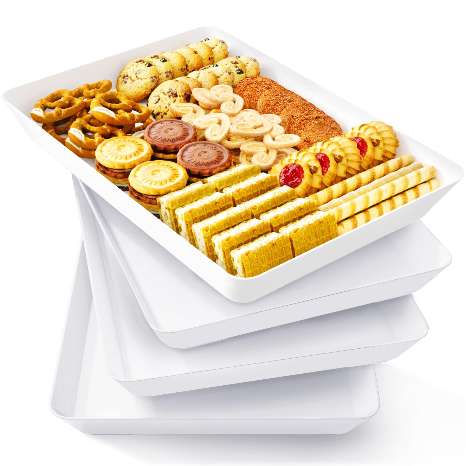 Lifewit Plastic Serving Tray, White Serving Platters for Party Food, BPA Free, Trays for Charcuterie Dishes, Reusable Platter for Snacks, Fruit, Cookies, Sandwich, Set of 4, 34 x 24 cm