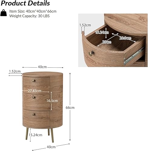 Miniatura 2 de HULALA HOME Mesa auxiliar redonda con 3 cajones de almacenamiento, mesa auxiliar moderna de mediados de siglo con patas de metal, mesa auxiliar