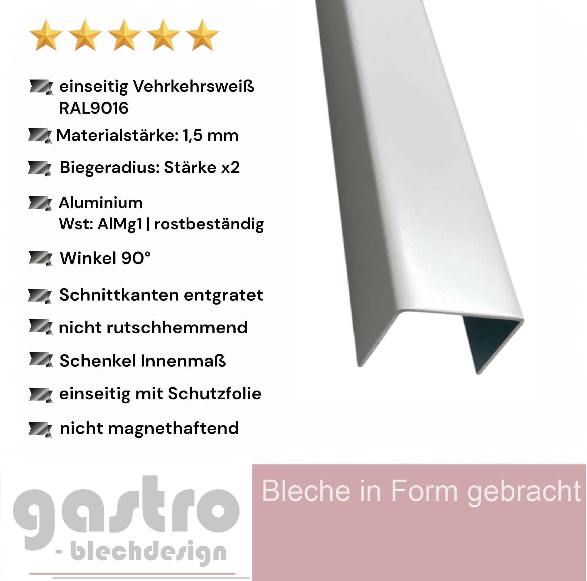 Alu U-Profil weiss Abdeckprofil 1,5mm Verkehrsweiß RAL 9016 Einfassprofil Schenkelinnenmaß: 30 x 146 x 30 mm Länge: 1500 mm