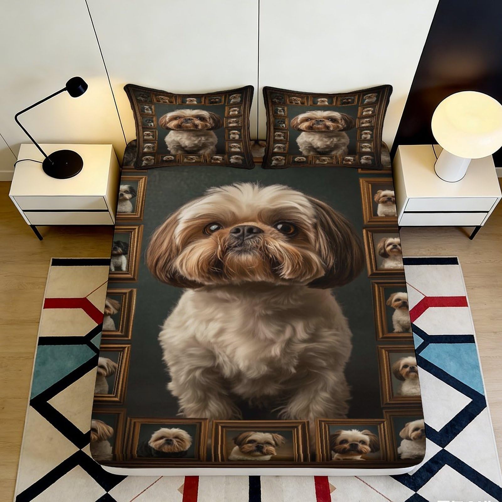 3D Printed Shih Tzu Dog Fitted Sheet Microfiber Soft Durable 3D Printed Portrait Bed Cover for Bedroom Dormitory Guest Room Mattress Protection 140x200x25cm