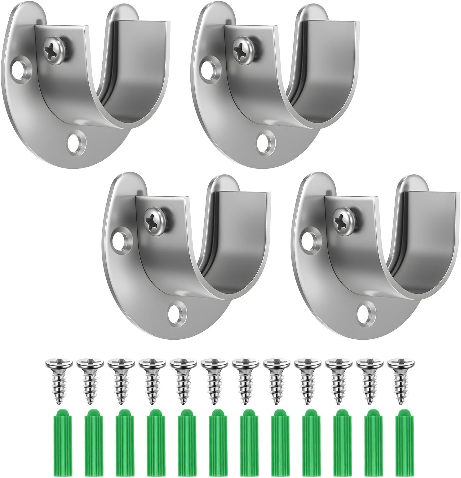 4 Pack Wardrobe Rail Bracket, Curtain Rail Brackets Wardrobe Pole Brackets Closet Rod Stainless Steel Ends Heavy Duty U Shape Flange Rod Holder for Shower Bathroom Kitchen with Screws(25MM)