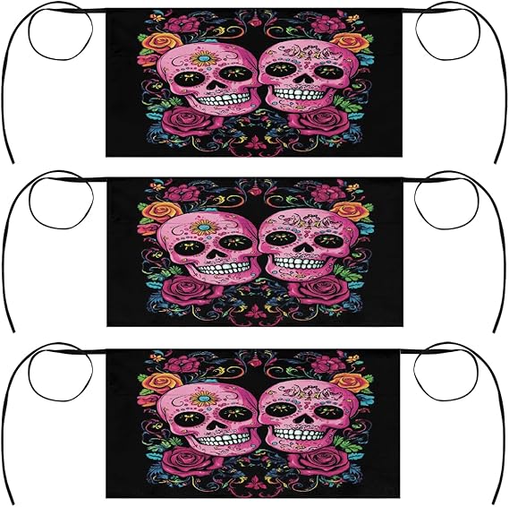 3 Pack Server Apron Mexican Floral Sugar Skull Waitress Aprons with 3 Pockets Oil Stain Resistant Short Waiter Waist Aprons for Women Men Restaurant Cafes Bars Home