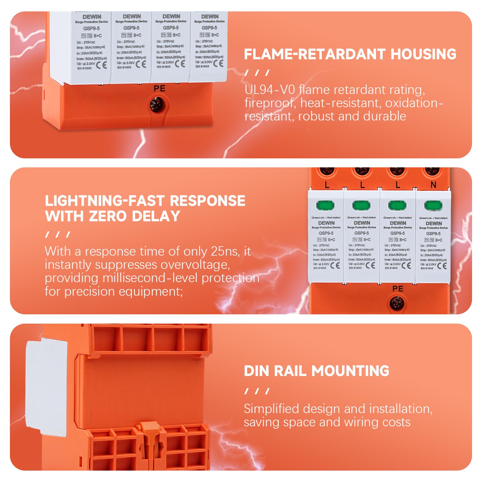 Scaricatore di Sovratensione tipo 1 e 2, 4P AC275V Scaricatori di Sovratensione 20kA~50kA Protezione da Sovratensione per Protezione Elettrica Casa Ufficio e Impianti (SPD Tipo 1+2, T1+T2, B+C)
