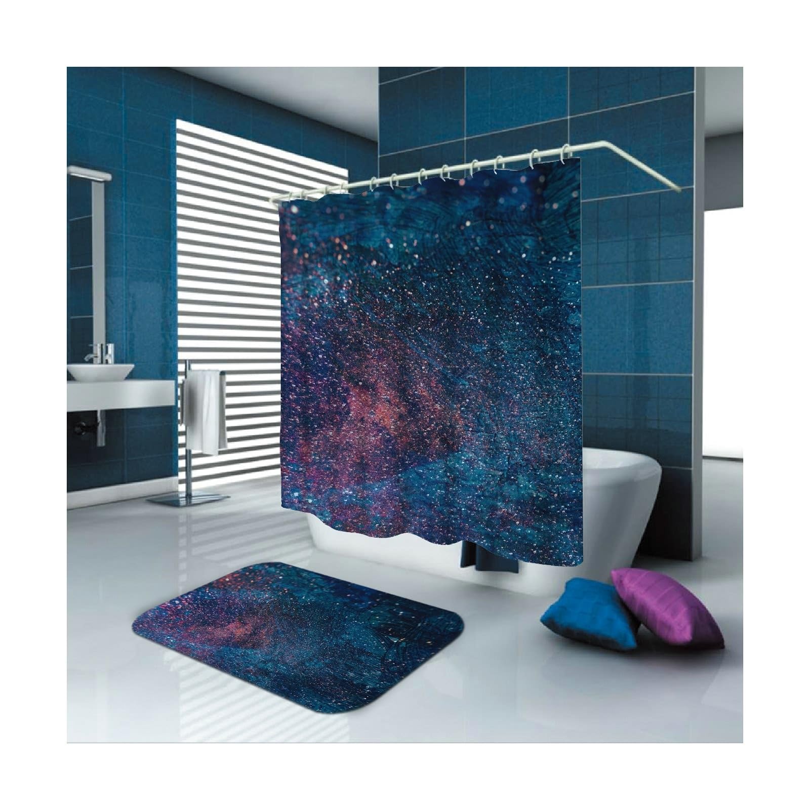 Tenda da doccia blu, 165 x 200 cm, impermeabile, lavabile, motivo fantasia, in poliestere, lavabile, 1,65 x 2 m di lunghezza (larghezza x altezza) con anelli per tenda da doccia