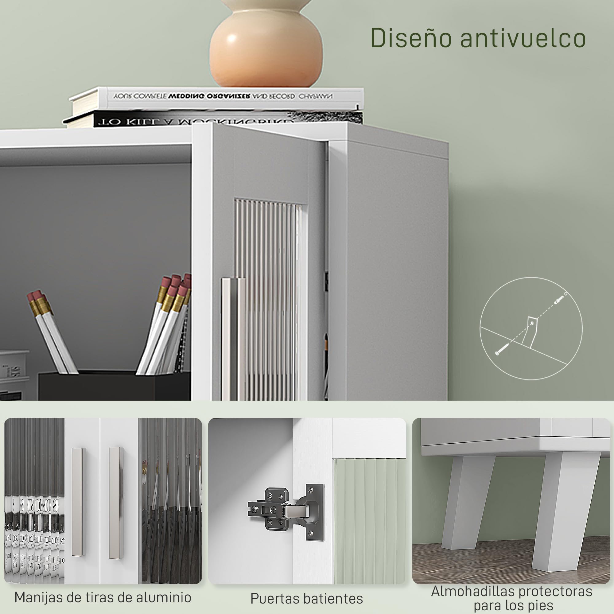 HOMCOM Aparador de 2 Puertas, Aparador de Salón con 2 Estantes, Puertas Transparentes, para Cocina, Entrada, Dormitorio, Blanco, 61x35x75 cm