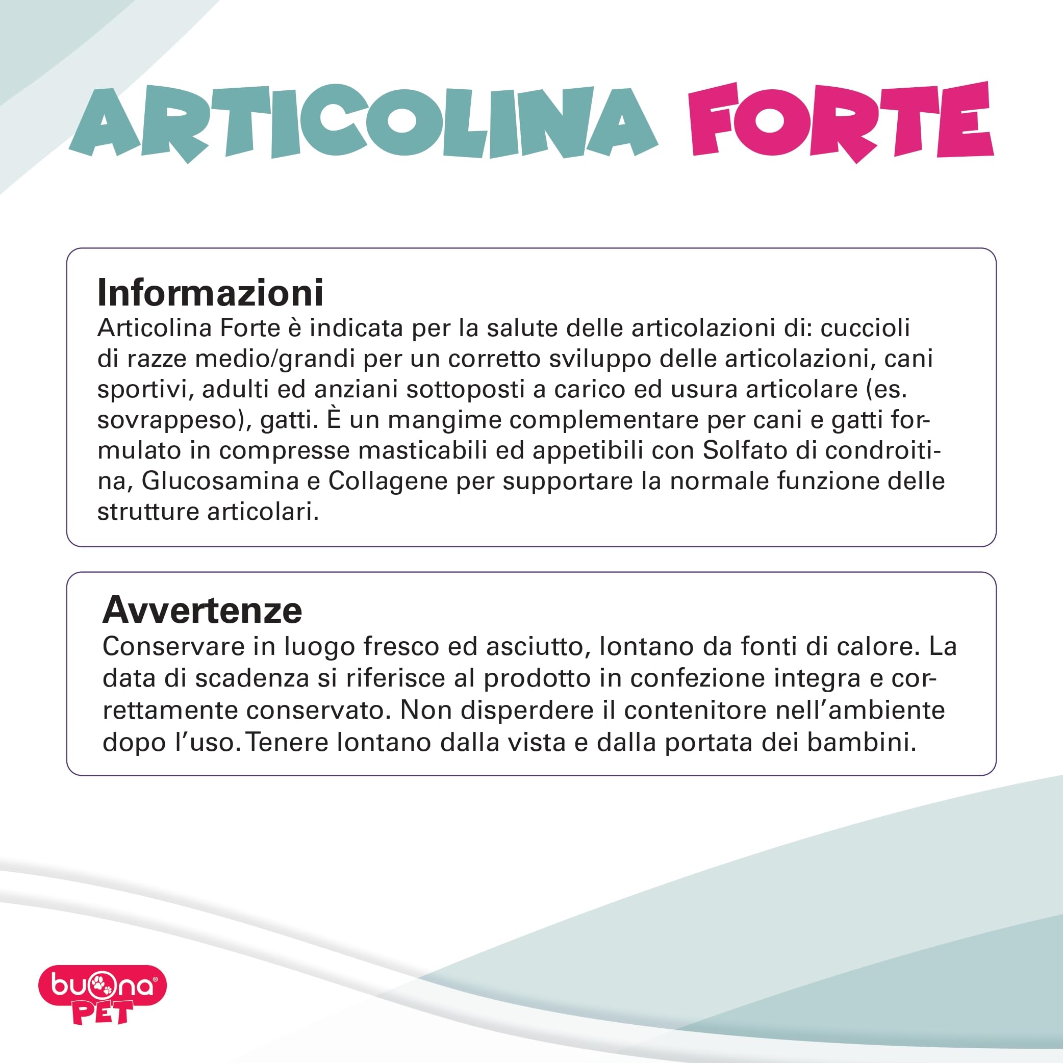 Buona Pet Articolina Forte Cane 60cpr Integratore Articolazioni Cane, Mangime Complementare Dietetico per Cani e Gatti, con Glucosamina e Condroitina, Collagene, ASU e Pea Levagen Plus®