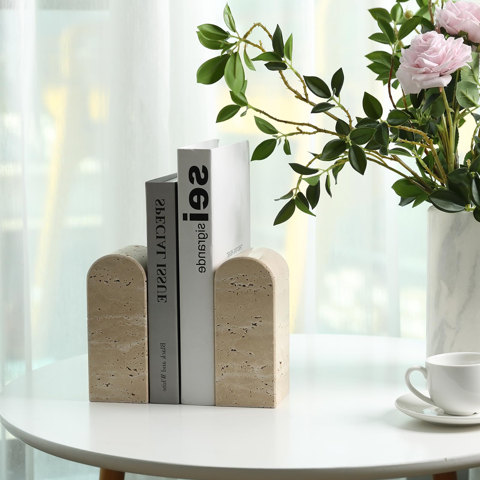 Koville Fermalibri in travertino italiano per scaffali, fermalibri decorativi, 3,2 kg, in marmo, per libreria, appartamento, decorazione per libri normali, CD/videogiochi (Travertino Romano)