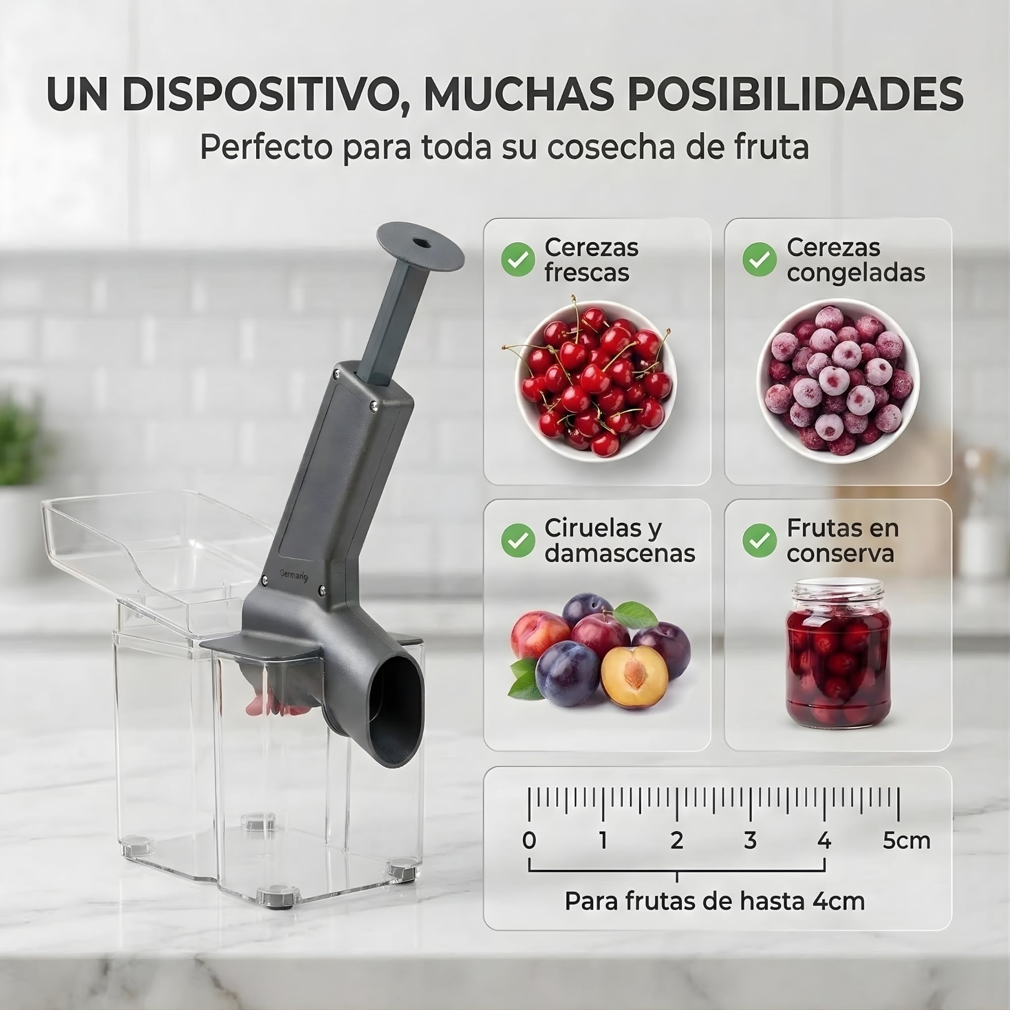 Thiru Descorazonador de cerezas premium - gran capacidad de descorazonado - para cerezas frescas, en conserva, congeladas - con protección contra salpicaduras - Made in Germany