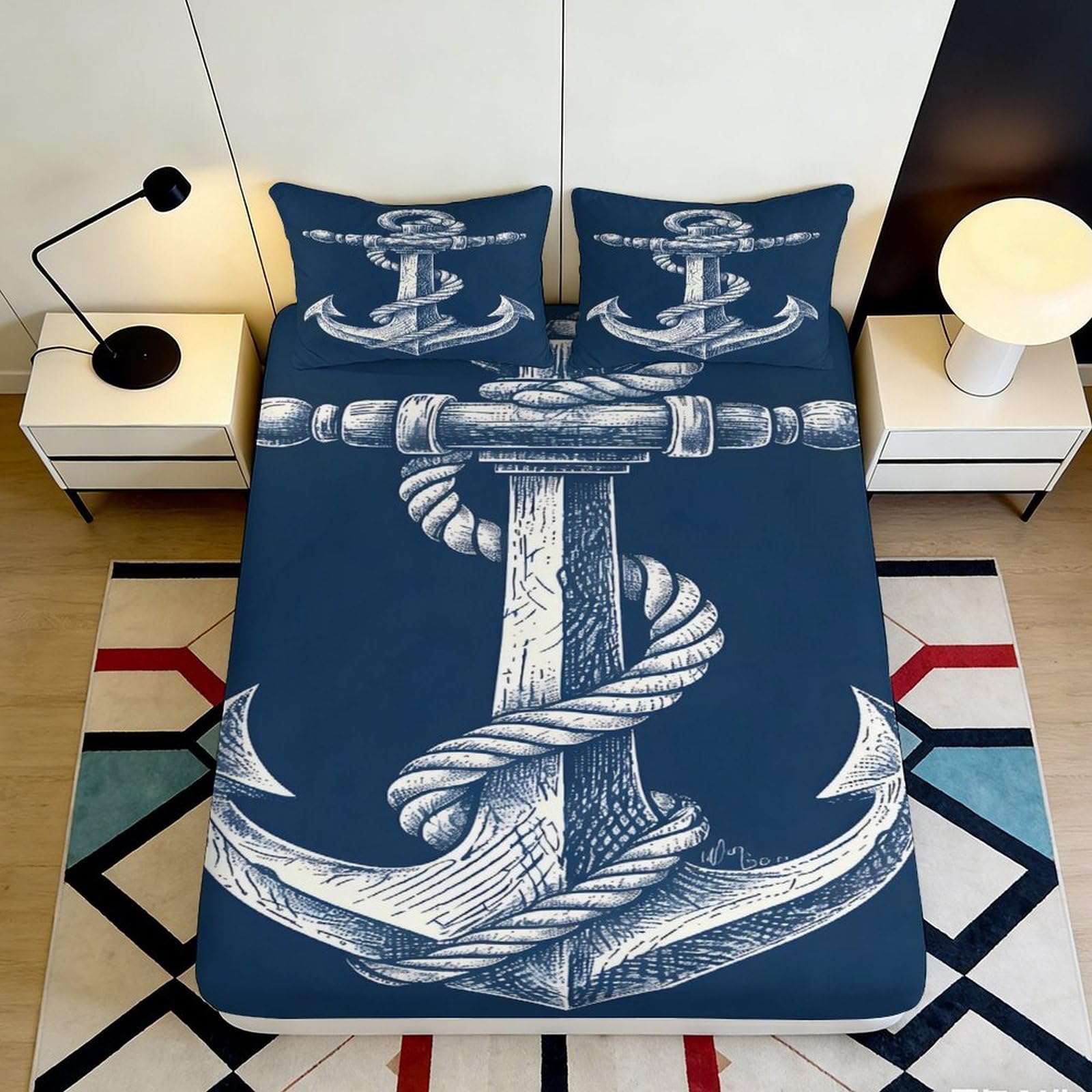 3D Printed Nautical Anchor Fitted Sheet Microfiber Soft Blue Rope Bed Cover for Bedroom Dorm Protection Decor 90x200x25cm