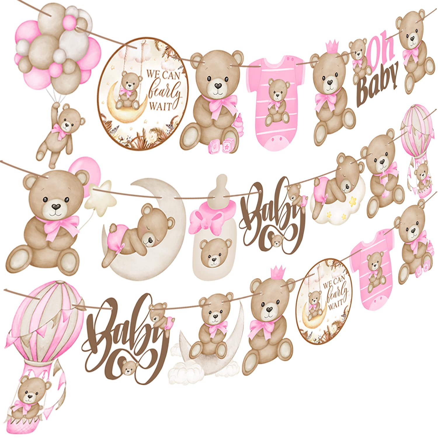 Pancartas rosas con texto en inglés "We Can Bearly Wait" para baby shower, decoración de fiesta de oso para baby shower, pancarta de oso de peluche para niñas, suministros de fiesta de cumpleaños