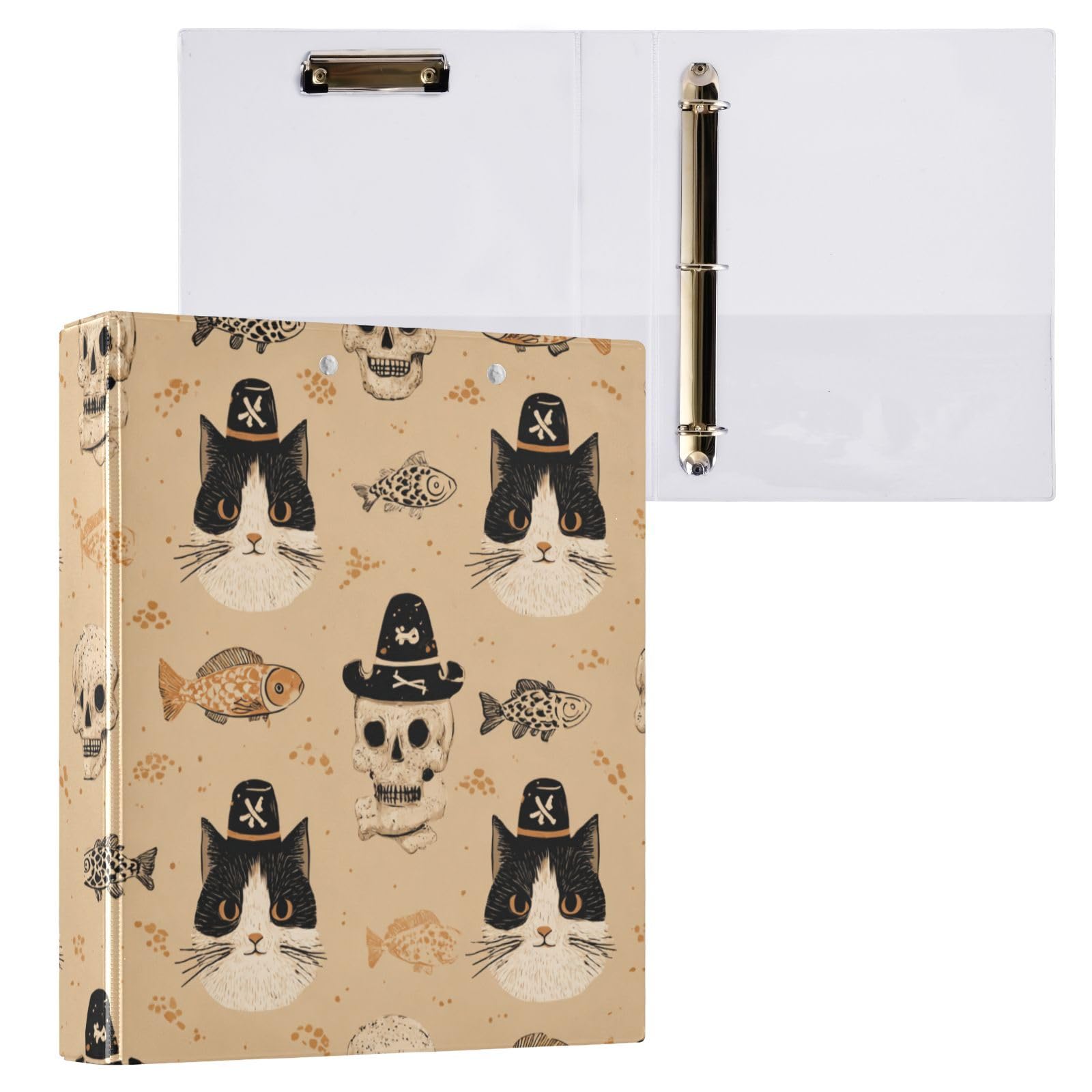 Kcldeci Raccoglitore a 3 anelli con copertina rigida per carta formato lettera, testa di gatto con cappello da pirata, anelli rotondi da 3,8 cm, organizer per scuola/ufficio, confezione da 2