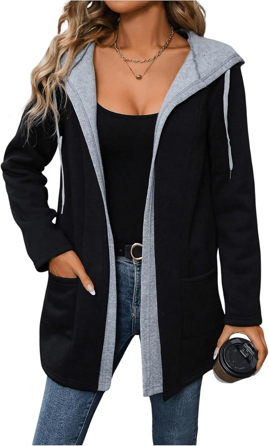 SOLY HUX Women’s Open Front Color Block Drawstring Hoodie Long Sleeve Casual Jacket with Pockets