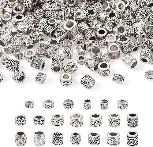 Craftdady 200 cuentas de plata antigua tibetana europea con agujero grande, 20 estilos de columnas de metal, cuentas espaciadoras sueltas, cuentas